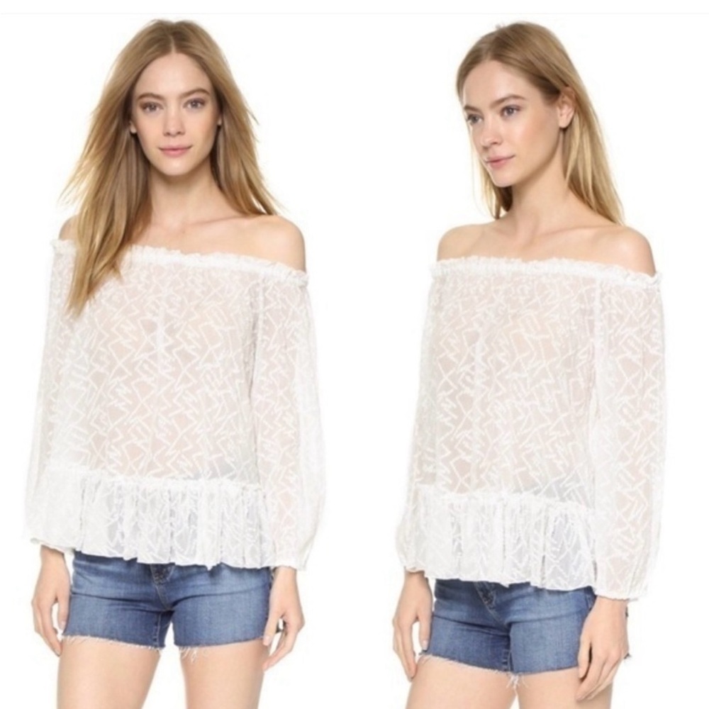 Rebeca Taylor Silk/Cotton Blend White Off-the-Shoulder Semi Sheer Boho Chic Top